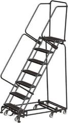 Ballymore - 103" 7 Step Rolling Warehouse Ladder - Lock Step Rolling Safety Ladder, 450 Lb Capacity, 70" Platform Height, 32" Base Width x 55" Base Depth, Perforated Tread - USA Tool & Supply