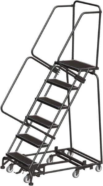 Ballymore - 93" 6 Step Rolling Warehouse Ladder - Lock Step Rolling Safety Ladder, 450 Lb Capacity, 60" Platform Height, 32" Base Width x 49" Base Depth, Perforated Tread - USA Tool & Supply