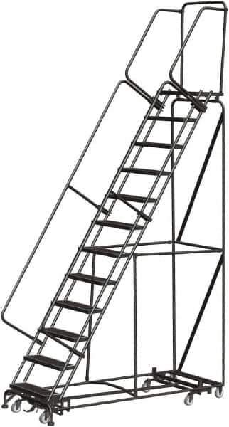 Ballymore - 153" 12 Step Rolling Warehouse Ladder - Lock Step Rolling Safety Ladder, 450 Lb Capacity, 120" Platform Height, 32" Base Width x 87" Base Depth, Perforated Tread - USA Tool & Supply