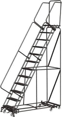 Ballymore - 153" 12 Step Rolling Warehouse Ladder - Lock Step Rolling Safety Ladder, 450 Lb Capacity, 120" Platform Height, 32" Base Width x 87" Base Depth, Perforated Tread - USA Tool & Supply