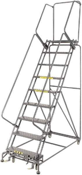 Ballymore - 123" 9 Step Rolling Warehouse Ladder - Lock Step Rolling Safety Ladder, 450 Lb Capacity, 90" Platform Height, 32" Base Width x 68" Base Depth, Perforated Tread - USA Tool & Supply