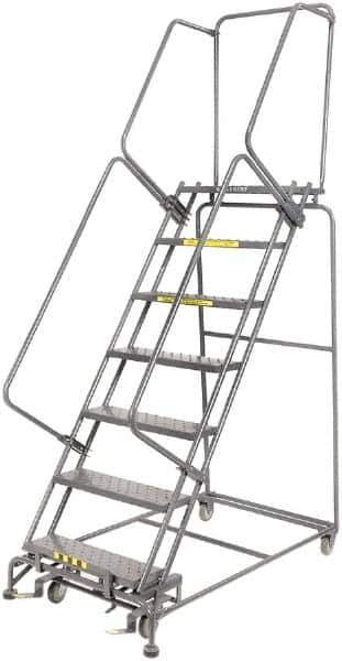 Ballymore - 103" 7 Step Rolling Warehouse Ladder - Lock Step Rolling Safety Ladder, 450 Lb Capacity, 70" Platform Height, 32" Base Width x 55" Base Depth, Perforated Tread - USA Tool & Supply