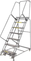Ballymore - 103" 7 Step Rolling Warehouse Ladder - Lock Step Rolling Safety Ladder, 450 Lb Capacity, 70" Platform Height, 32" Base Width x 55" Base Depth, Perforated Tread - USA Tool & Supply