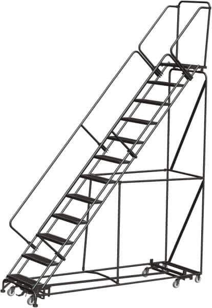 Ballymore - 153" 12 Step Rolling Warehouse Ladder - Lock Step Rolling Safety Ladder, 450 Lb Capacity, 120" Platform Height, 32" Base Width x 106" Base Depth, Perforated Tread - USA Tool & Supply