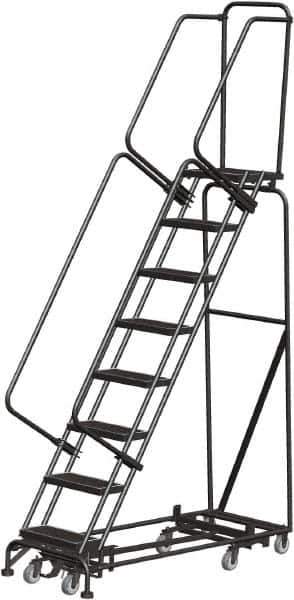 Ballymore - 113" 8 Step Rolling Warehouse Ladder - Lock Step Rolling Safety Ladder, 450 Lb Capacity, 80" Platform Height, 24" Base Width x 61" Base Depth, Perforated Tread - USA Tool & Supply