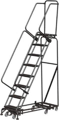 Ballymore - 113" 8 Step Rolling Warehouse Ladder - Lock Step Rolling Safety Ladder, 450 Lb Capacity, 80" Platform Height, 24" Base Width x 61" Base Depth, Perforated Tread - USA Tool & Supply
