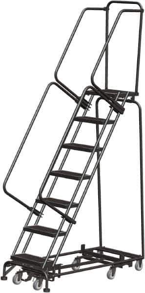 Ballymore - 103" 7 Step Rolling Warehouse Ladder - Lock Step Rolling Safety Ladder, 450 Lb Capacity, 70" Platform Height, 24" Base Width x 55" Base Depth, Perforated Tread - USA Tool & Supply