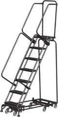 Ballymore - 103" 7 Step Rolling Warehouse Ladder - Lock Step Rolling Safety Ladder, 450 Lb Capacity, 70" Platform Height, 24" Base Width x 55" Base Depth, Perforated Tread - USA Tool & Supply