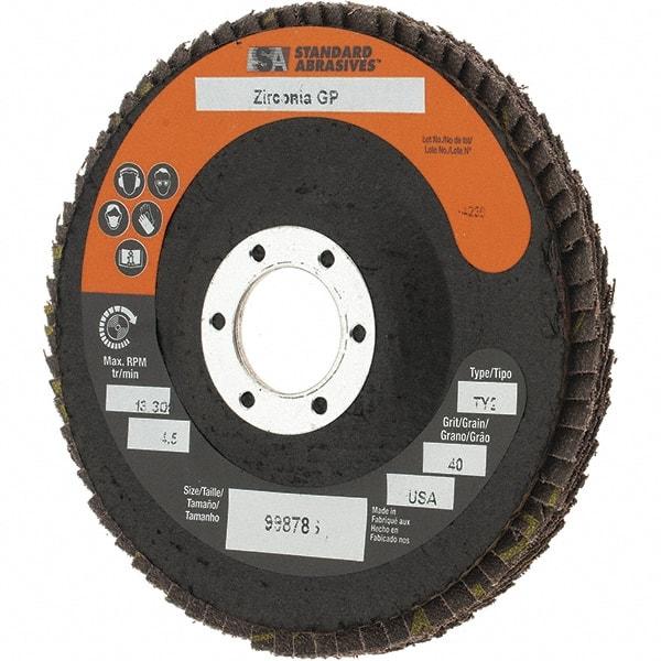 Camel Grinding Wheels - 40 Grit, 4-1/2" Disc Diam, 7/8" Center Hole, Type 29 Zirconia Alumina Flap Disc - Arbor Attaching System, Coated - USA Tool & Supply