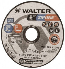 WALTER Surface Technologies - 4-1/2" Aluminum Oxide/Silicon Carbide Blend Cutoff Wheel - 1/32" Thick, 7/8" Arbor, 13,300 Max RPM, Use with Angle Grinders - USA Tool & Supply