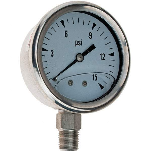 Value Collection - 2-1/2" Dial, 1/4 Thread, 0-15 Scale Range, Pressure Gauge - USA Tool & Supply