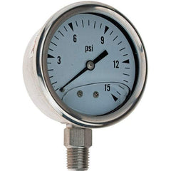 Value Collection - 2-1/2" Dial, 1/4 Thread, 0-15 Scale Range, Pressure Gauge - USA Tool & Supply