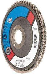 Camel Grinding Wheels - 60 Grit, 4-1/2" Disc Diam, 7/8" Center Hole, Type 29 Zirconia Alumina Flap Disc - Poly Cotton Backing, Arbor Attaching System, Coated - USA Tool & Supply