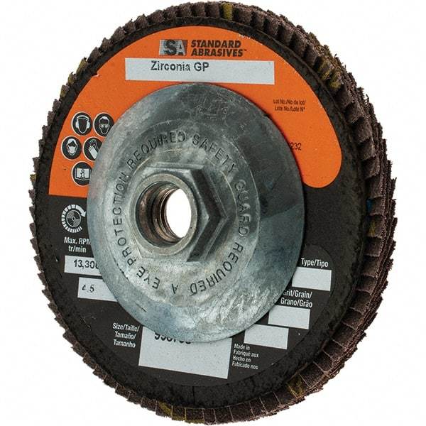 Camel Grinding Wheels - 40 Grit, 4-1/2" Disc Diam, 5/8-11 Center Hole, Type 29 Zirconia Alumina Flap Disc - Arbor Attaching System, Coated - USA Tool & Supply