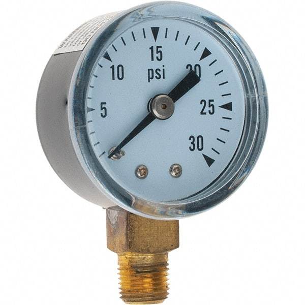 Value Collection - 1-1/2" Dial, 1/8 Thread, 0-30 Scale Range, Pressure Gauge - Lower Connection Mount - USA Tool & Supply
