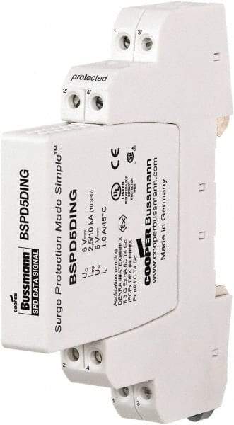 Cooper Bussmann - 4 Pole, 1 Phase, 90mm Long x 12mm Wide x 71.99mm Deep, Hardwired Surge Protector - DIN Rail Mount, 24 V, 23.30 VAC, 33 VDC Operating Voltage, 20 kA Surge Protection - USA Tool & Supply
