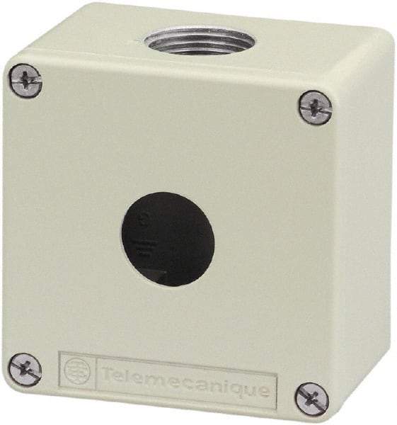 Schneider Electric - 1 Hole, 1.58 Inch Hole Diameter, Zinc Alloy Pushbutton Switch Enclosure - 3.15 Inch High x 3.15 Inch Wide x 2.03 Inch Deep, 4, 13 NEMA Rated - USA Tool & Supply
