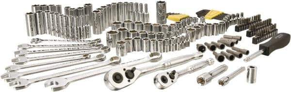 Stanley - 145 Piece 1/4" & 3/8" Drive Chrome Vanadium Finish Deep Well Socket Set - 6 Points, 5/32" to 11/16" (4mm to 17mm) Range, Inch/Metric Measurement Standard - USA Tool & Supply