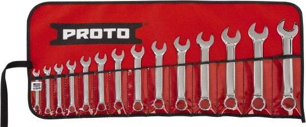 Proto - 14 Piece, 6mm to 19mm, 12 Point Extra Short Combination Wrench Set - Metric Measurement Standard, Full Polish Chrome Finish, Comes in Tool Roll - USA Tool & Supply
