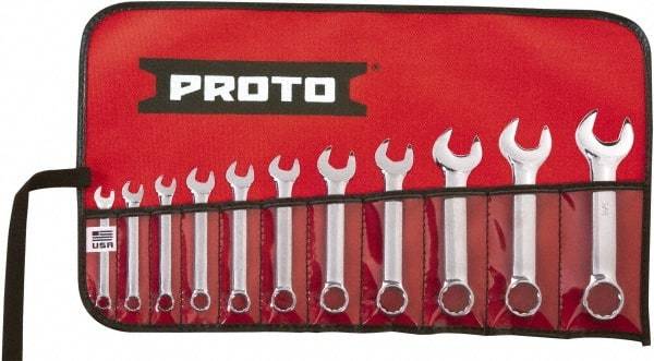 Proto - 11 Piece, 1/4" to 3/4", 12 Point Extra Short Combination Wrench Set - Inch Measurement Standard, Full Polish Chrome Finish, Comes in Tool Roll - USA Tool & Supply