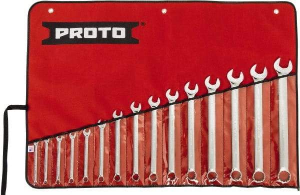 Proto - 15 Piece, 1/4" to 1", 12 Point Spline Combination Wrench Set - Inch Measurement Standard, Full Polish Chrome Finish, Comes in Tool Roll - USA Tool & Supply
