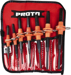 Proto - 7 Piece, 1/16 to 1/4", Tethered Pin Punch Set - Straight Shank, Comes in Nylon Roll - USA Tool & Supply