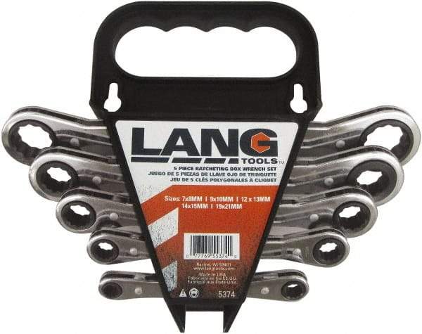 Lang - 5 Piece, 7mm to 21mm, 12 Point Ratcheting Box Wrench Set - Metric Measurement Standard, Nickel Chrome Finish, Comes in Caddy - USA Tool & Supply