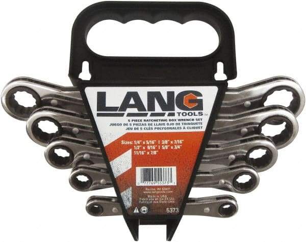 Lang - 5 Piece, 1/4" to 7/8", 12 Point Ratcheting Box Wrench Set - Inch Measurement Standard, Nickel Chrome Finish, Comes in Caddy - USA Tool & Supply