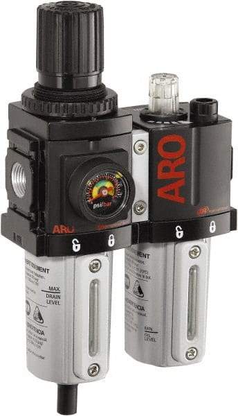 ARO/Ingersoll-Rand - 3/8" NPT Port Compact 2 Piece Filter/Regulator-Lubricator FRL Unit - Metal Bowl, 71 SCFM, 250 Max psi, 8.15" High x 4.409" Long, Manual Drain - USA Tool & Supply