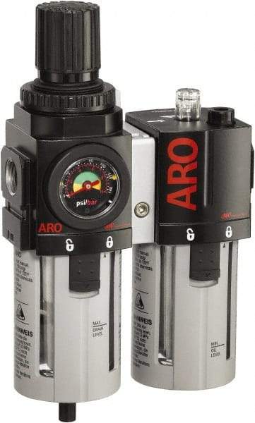 ARO/Ingersoll-Rand - 3/8" NPT Port Standard 2 Piece Filter/Regulator-Lubricator FRL Unit - Polycarbonate Bowl, 96 SCFM, 150 Max psi, 9.95" High x 5.724" Long, Manual Drain - USA Tool & Supply