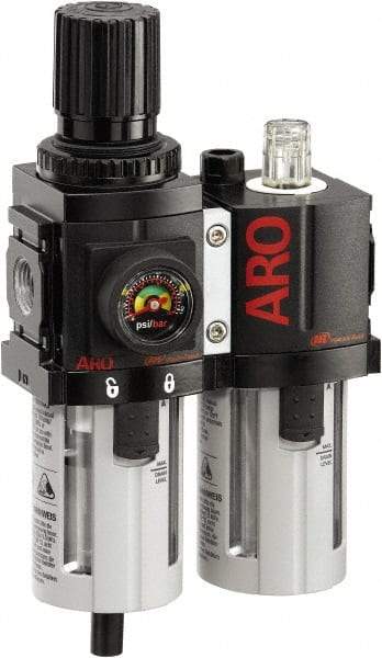 ARO/Ingersoll-Rand - 3/8" NPT Port Compact 2 Piece Filter/Regulator-Lubricator FRL Unit - Polycarbonate Bowl, 71 SCFM, 150 Max psi, 8.15" High x 4.409" Long, Automatic Drain - USA Tool & Supply