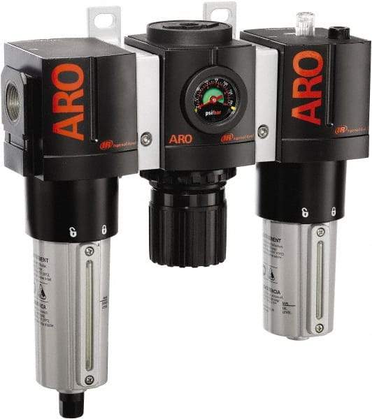 ARO/Ingersoll-Rand - 3/4" NPT Port Heavy Duty 3 Piece Filter-Regulator-Lubricator FRL Unit - Metal Bowl, 199 SCFM, 250 Max psi, 10.75" High x 11.102" Long, Automatic Drain - USA Tool & Supply