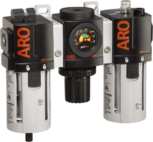 ARO/Ingersoll-Rand - 1/2" NPT Port Standard 3 Piece Filter-Regulator-Lubricator FRL Unit - Polycarbonate Bowl, 150 SCFM, 150 Max psi, 7.7" High x 8.693" Long, Manual Drain - USA Tool & Supply