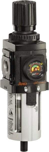 ARO/Ingersoll-Rand - 1/4" NPT Port Compact 1 Piece Coalescing Filter/Regulator FRL Unit - Polycarbonate Bowl, 72 SCFM, 150 Max psi, 8.15" High x 2.205" Long, Manual Drain - USA Tool & Supply