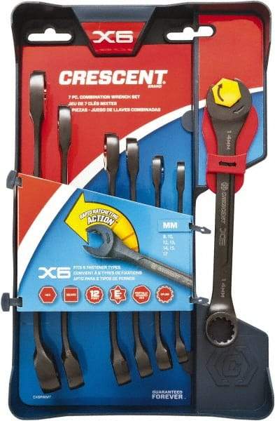 Crescent - 7 Piece, 8mm to 17mm, 12 Point Ratcheting Combination Wrench Set - Metric Measurement Standard, Black Finish, Comes in Caddy - USA Tool & Supply