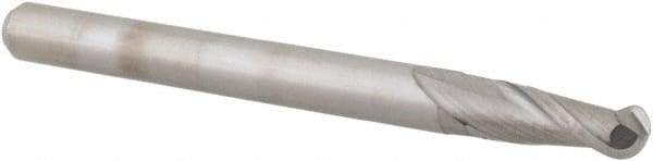 Accupro - 0.1181" Diam, 0.354" LOC, 2 Flute Solid Carbide Ball End Mill - Uncoated, Single End, 1-1/2" OAL, 1/8" Shank Diam, Spiral Flute - USA Tool & Supply