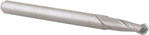 Accupro - 0.105" Diam, 0.315" LOC, 2 Flute Solid Carbide Ball End Mill - Uncoated, Single End, 1-1/2" OAL, 1/8" Shank Diam, Spiral Flute - USA Tool & Supply