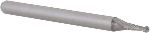 Accupro - 0.056" Diam, 0.168" LOC, 2 Flute Solid Carbide Ball End Mill - Uncoated, Single End, 1-1/2" OAL, 1/8" Shank Diam, Spiral Flute - USA Tool & Supply