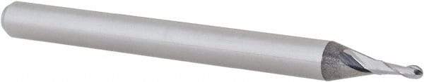 Accupro - 0.043" Diam, 0.129" LOC, 2 Flute Solid Carbide Ball End Mill - Uncoated, Single End, 1-1/2" OAL, 1/8" Shank Diam, Spiral Flute - USA Tool & Supply
