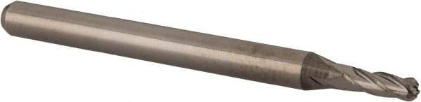 Accupro - 0.085" Diam, 0.255" LOC, 4 Flute Solid Carbide Ball End Mill - Uncoated, Single End, 1-1/2" OAL, 1/8" Shank Diam, Spiral Flute - USA Tool & Supply