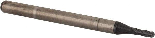 Accupro - 0.07" Diam, 0.21" LOC, 4 Flute Solid Carbide Ball End Mill - AlTiN Finish, Single End, 1-1/2" OAL, 1/8" Shank Diam, Spiral Flute - USA Tool & Supply