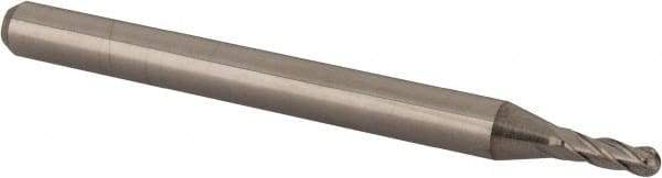 Accupro - 0.075" Diam, 0.225" LOC, 4 Flute Solid Carbide Ball End Mill - Uncoated, Single End, 1-1/2" OAL, 1/8" Shank Diam, Spiral Flute - USA Tool & Supply
