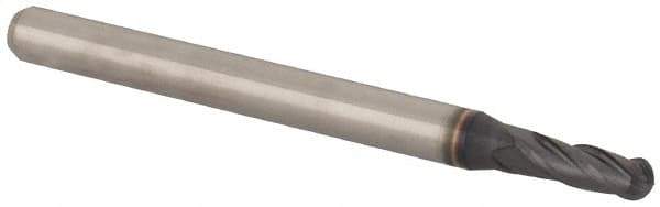 Accupro - 0.1" Diam, 0.3" LOC, 4 Flute Solid Carbide Ball End Mill - AlTiN Finish, Single End, 1-1/2" OAL, 1/8" Shank Diam, Spiral Flute - USA Tool & Supply