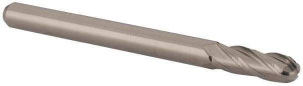 Accupro - 0.12" Diam, 0.36" LOC, 4 Flute Solid Carbide Ball End Mill - Uncoated, Single End, 1-1/2" OAL, 1/8" Shank Diam, Spiral Flute - USA Tool & Supply