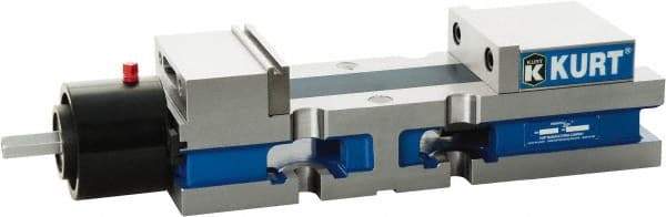 Kurt - 4" Jaw Width, 6" Jaw Opening Capacity, Horizontal Stationary Machine Vise - Reverse Hydraulic Operation, 7,800 Lb Capacity, 1 Station, 13.985" Long x 3.4900" High x 1-15/64" Deep, 1.235" Jaw Height, Ductile Iron - USA Tool & Supply