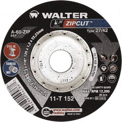WALTER Surface Technologies - 60 Grit, 4-1/2" Wheel Diam, 3/64" Wheel Thickness, 7/8" Arbor Hole, Type 27 Depressed Center Wheel - Aluminum Oxide, Resinoid Bond, 13,300 Max RPM, Compatible with Angle Grinder - USA Tool & Supply