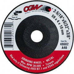 Camel Grinding Wheels - 40 Grit, 2-5/16" Wheel Diam, 5/32" Wheel Thickness, 3/8" Arbor Hole, Type 27 Depressed Center Wheel - Medium Grade, Aluminum Oxide, Resinoid Bond, 20,000 Max RPM - USA Tool & Supply
