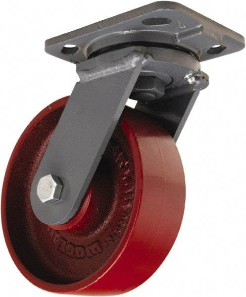 Hamilton - 6" Diam x 2" Wide x 7-1/2" OAH Top Plate Mount Swivel Caster - Cast Iron, 1,400 Lb Capacity, Sealed Precision Ball Bearing, 4 x 5" Plate - USA Tool & Supply