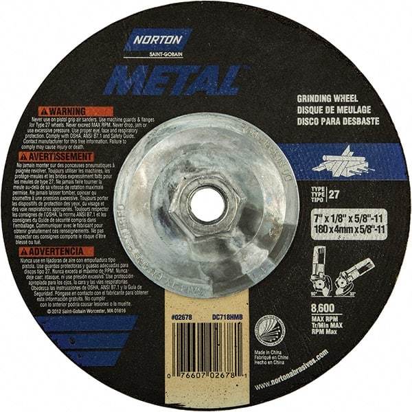 Norton - 24 Grit, 7" Wheel Diam, 1/8" Wheel Thickness, Type 27 Depressed Center Wheel - Extra Coarse Grade, Aluminum Oxide, 8,600 Max RPM, Compatible with Angle Grinder - USA Tool & Supply