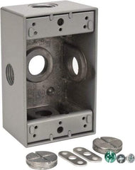 Thomas & Betts - 1 Gang, (5) 1/2" Knockouts, Aluminum Rectangle Outlet Box - 4-1/2" Overall Height x 2-1/2" Overall Width x 2" Overall Depth, Weather Resistant - USA Tool & Supply